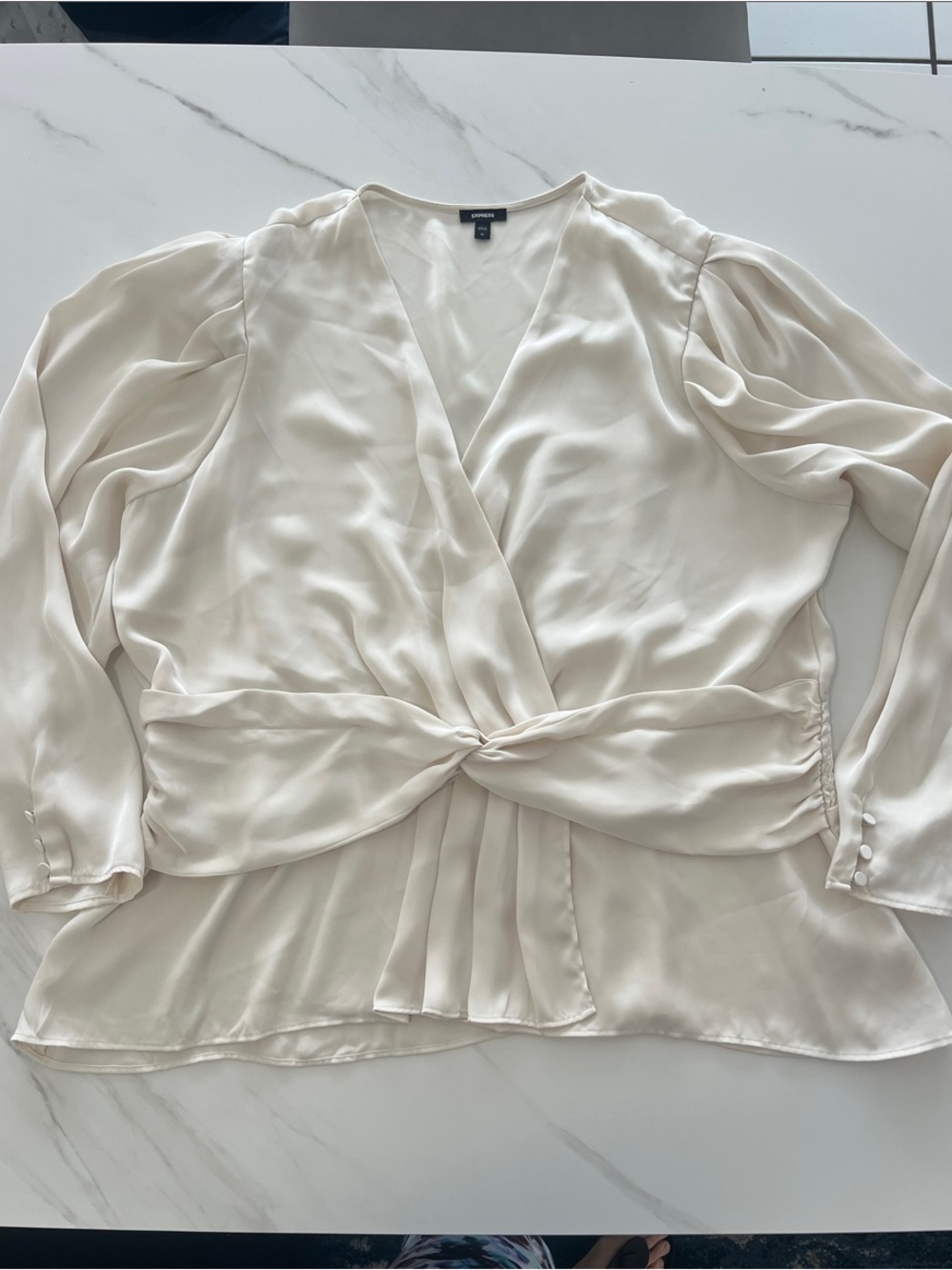 Express Cream Twist-Front Long Sleeve Blouse